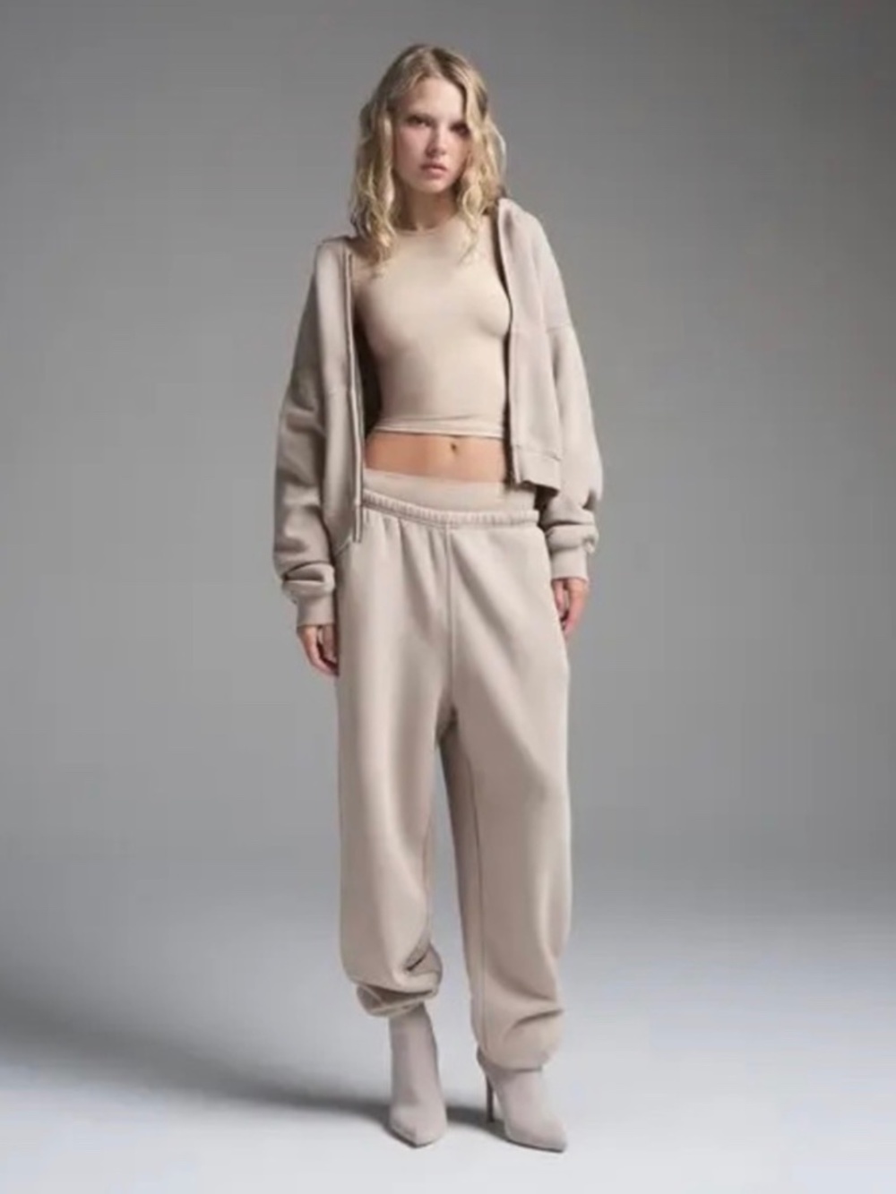 SKIMS Cotton Fleece Stone Sweat Set (inc zip sweatshirt and sweatpants) Size L